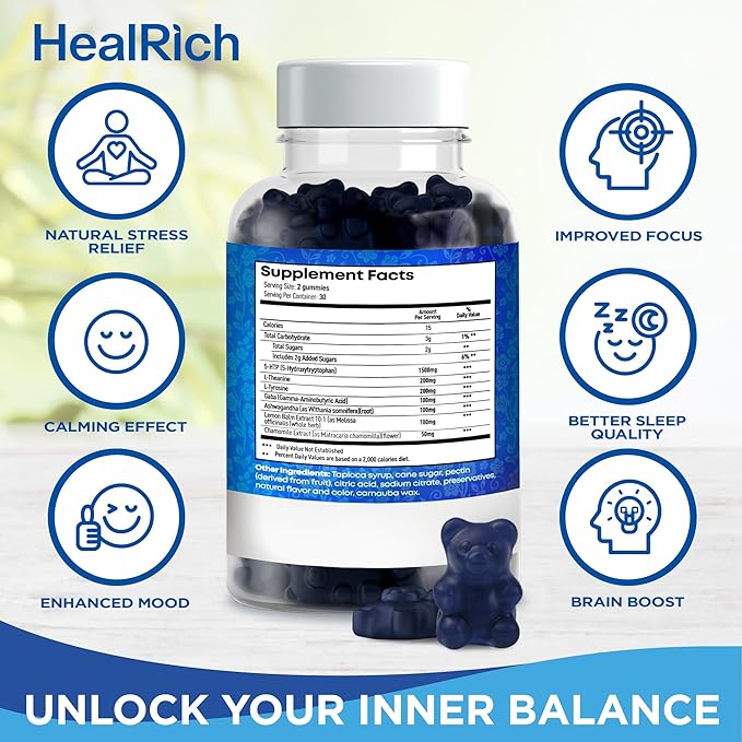 Stress Relief Gummies - 1500MG 5HTP with L-Theanine Gaba & L-Tyrosine - Ashwagandha Herbal Supplement Supports Intellectual Alertness Vegan Brain Mood Booost Supplements for Kids & Adults Made in USA