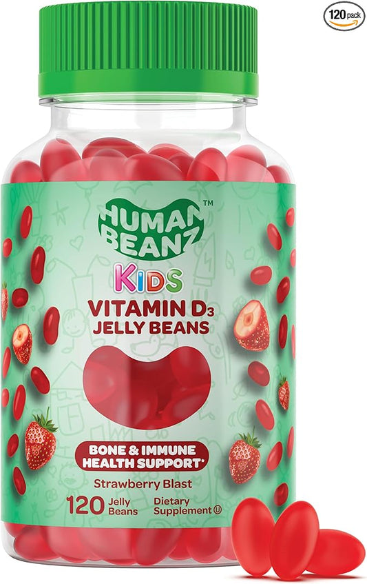 Vitamin D3 Jelly Bean Gummies for Kids, 25mcg/1000 IU Vitamin D, Nutritional Vegetarian Supplements, 120 Strawberry Blast Jelly Beans, Kosher