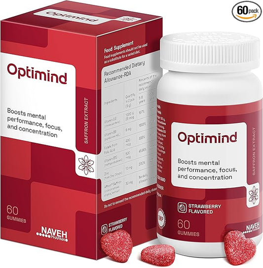 NAVEH PHARMA® OptiMind - Focus Supplement | Natural Supplements for Kids | 30 MG Saffron Supplements: Kids Vitamins and Memory Supplement for Brains | Mood Support | 60 Calm Gummies (Strawberry)