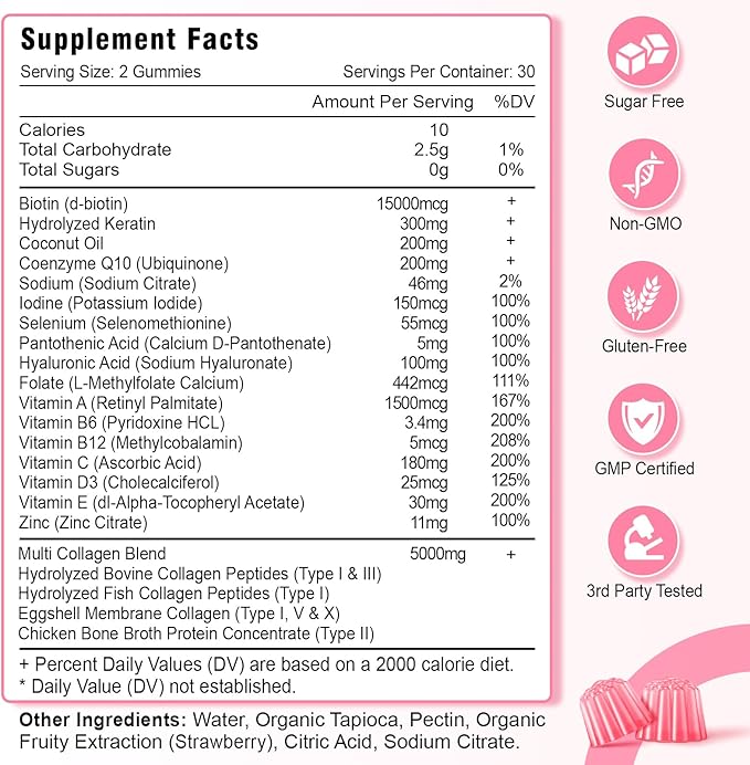 2 Pack Sugar Free Collagen Gummies for Women Men, 5000mg Hydrolyzed Collagen Peptide I,II,III,V,X with 15000mcg Biotin, Keratin, Vitamin C A B D E for Skin Hair Nails Joints, Immunity Energy Digestion