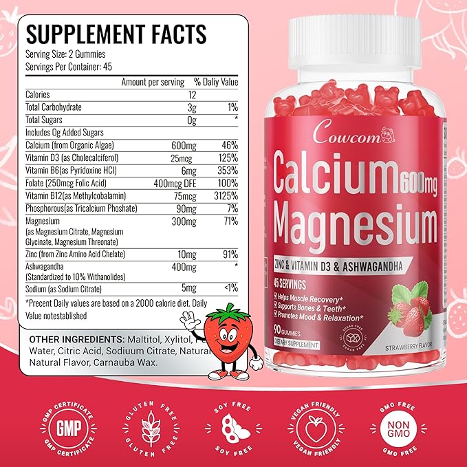 Calcium Magnesium Zinc Gummies Sugar-Free with Vitamin D3 B6 B12,High Absorption Calcium Magnesium Supplement,Bone, Muscles,Calm Mood,Sleep Support for Kids adults,90 Count Vegan Strawberry Flavor