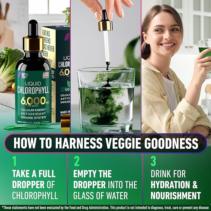 [2 Pack] Chlorophyll Liquid Drops 6000MG – Natural Liquid Chlorophyll Drops for Detox, Energy, Skin – Internal Deodorant – Vegan Chlorophyll Liquid Drops for Kids & Adults – US-made, Non-GMO - 4 Fl Oz