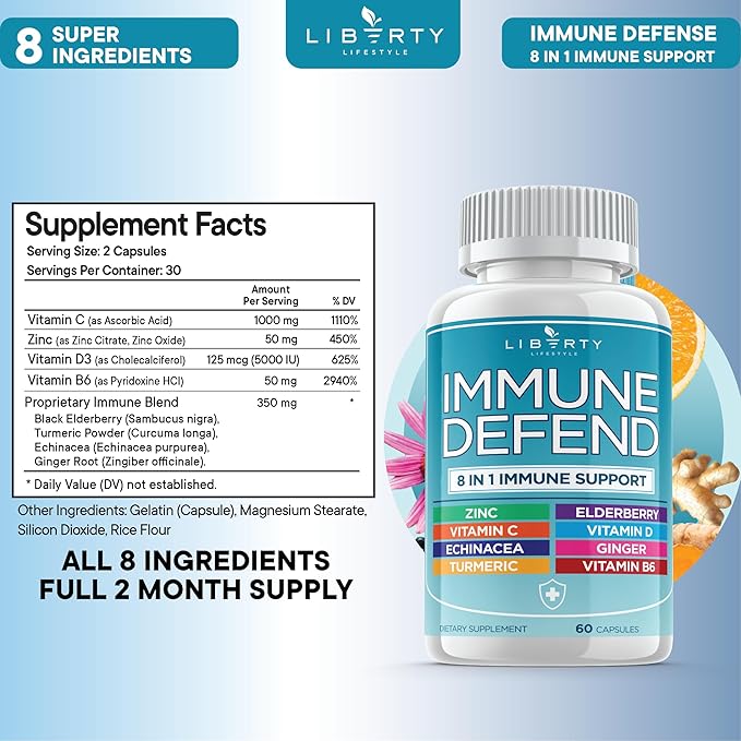 8 in 1 Immune Defense Support, Immunity Capsules Supplement Booster with Echinacea Zinc 50mg, Vitamin C , D3 5000 IU, Turmeric Curcumin & Ginger, Echinacea - Allergy Relief for Kids Adults (1 Pack)