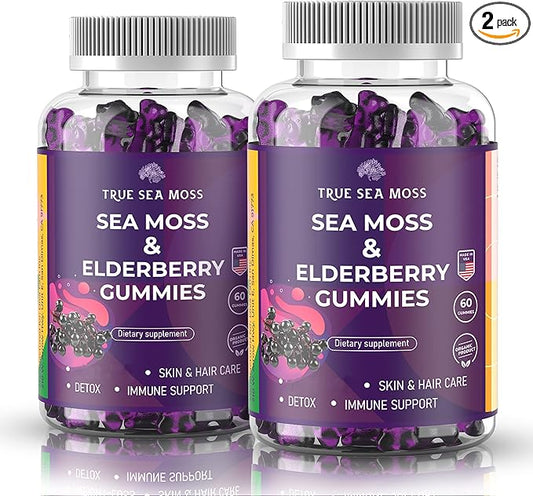 Natural Sea Moss Gummies with Elderberry for Adults & Kids, Contains Irish Sea Moss, Elderberry Extract, Burdock Root, Bladderwrack, 60 pcs Gel Gummies for Immune Support, Energy, Pack of 2