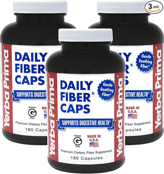 Yerba Prima Daily Fiber Capsules – 180 Caps (Pack of 3) - Soluble Dietary Fiber Supplement - Colon Cleanse - Gut Health - Constipation Relief – Vegan, Non-GMO, Gluten-Free