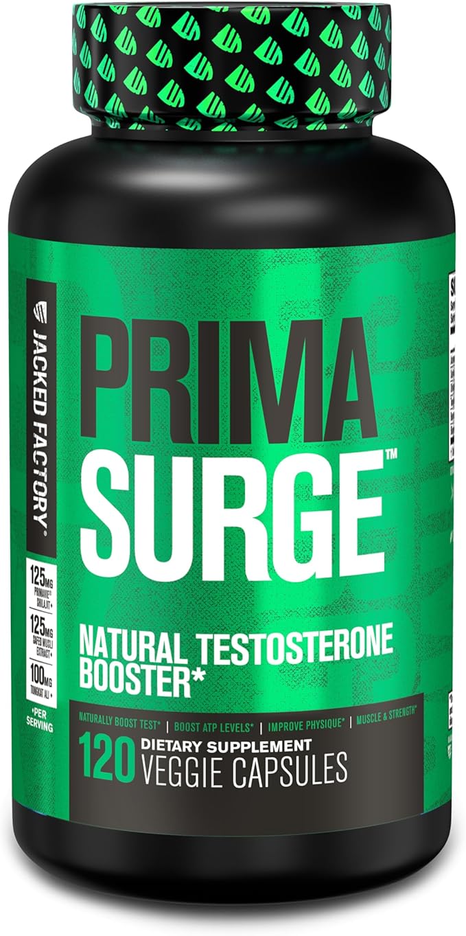 Jacked Factory Testosterone Booster for Men PRIMASURGE - w/Tongkat Ali, PrimaVie, Ashwagandha - Boost Vitality, Muscle Growth & Energy | Natural Test Booster Supplement - 120 Veggie Pills
