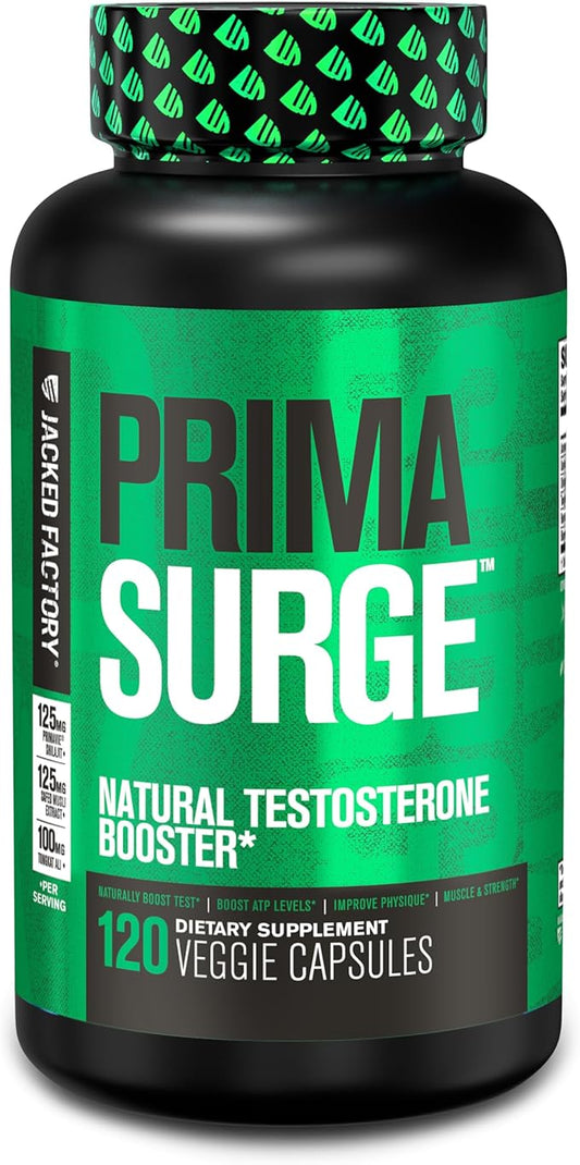 Jacked Factory Testosterone Booster for Men PRIMASURGE - w/Tongkat Ali, PrimaVie, Ashwagandha - Boost Vitality, Muscle Growth & Energy | Natural Test Booster Supplement - 120 Veggie Pills