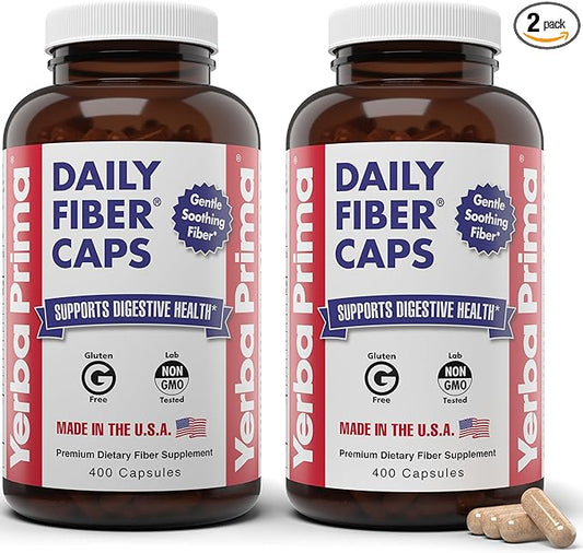 Yerba Prima Daily Fiber Caps Formula 400 Capsules (Pack of 2) - Both Soluble/Insoluble Fiber with Psyllium Seed Husks, Acacia Gum, Apple Fiber Supplement