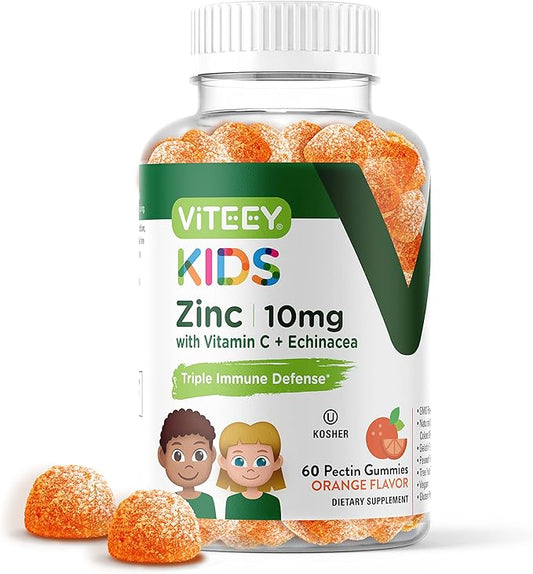 Zinc for Kids Gummies 10mg, with Vitamin C & Echinacea for Kids - Immune Support, Powerful Natural Antioxidant, Kids Zinc Vitamin Supplement - Vegan, Gelatin Free - Tasty Chewable Orange Flavor Gummy