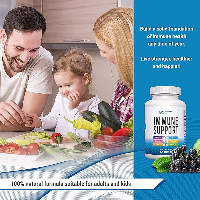 6 in 1 Immune Support 120 Capsules with Powerful Blend of Elderberry, Echinacea, Ginger, Vitamin C 650mg, Vitamin D3 5000 IU & Zinc Picolinate 30mg- Immune Booster Supplement for Adults and Kids