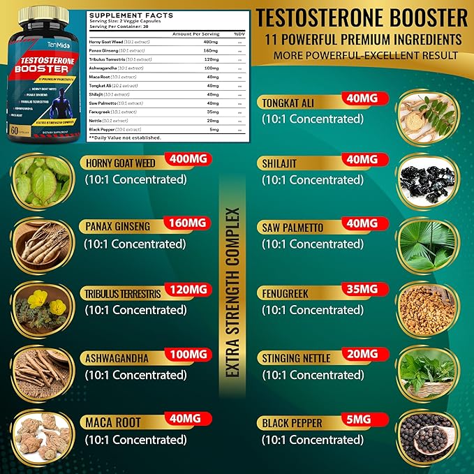 2 Packs of 60caps Testosterone Supplements Booster for Men - Natural Stamina, Endurance & Strength Supplement - Muscle Building Growth, Increasing Performance, Energy